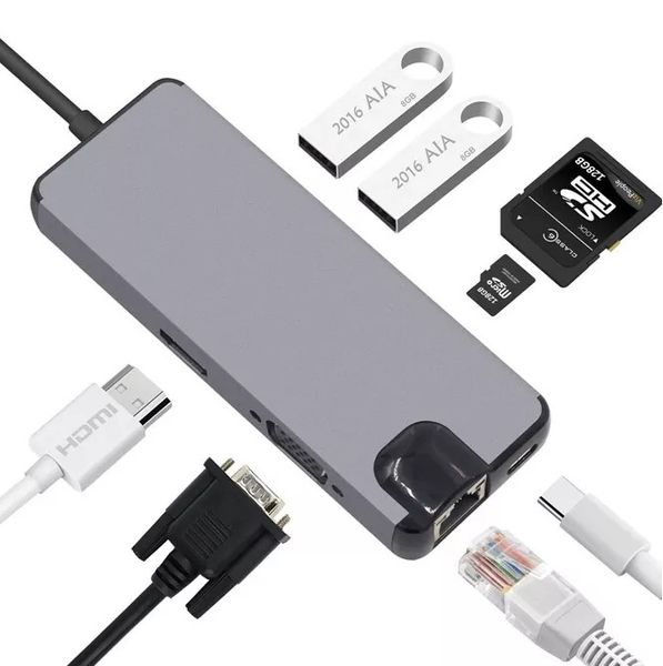 Перехідник відео USB Type-C-HDMI M/F Lucom (62.09.8374) +VGA +PD87W 2xUSB3.0 +RJ45 +Card 62.09.8374 фото