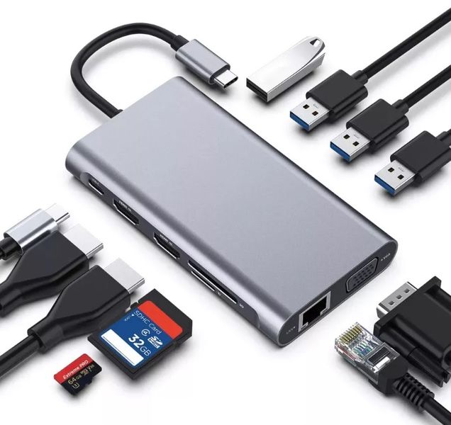 Перехідник відео USB Type-C-HDMI M/F Lucom (62.09.8375) +VGA +PD87W 4xUSB +RJ45+Cardread 62.09.8375 фото