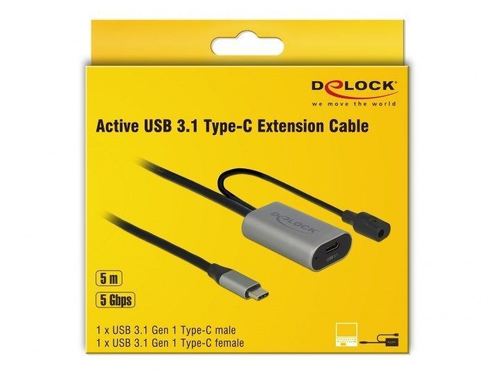 Кабель пристроїв-подовжувач USB Type-C M/F (Active) 5.0m Delock (70.08.5392) (USB3.0) AWG22+28 D=4.6mm