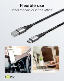 Кабель пристроїв USB Type-C-2.0A M/M 1.0m Goobay (75.04.9296) (USB2.0) 60W Textile Metal Cu 75.04.9296 фото