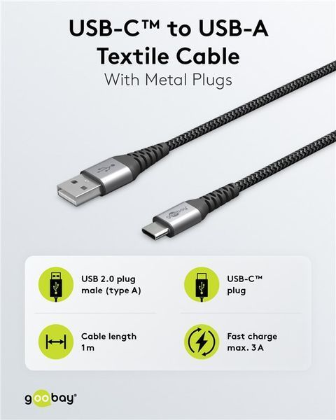Кабель пристроїв USB Type-C-2.0A M/M 1.0m Goobay (75.04.9296) (USB2.0) 60W Textile Metal Cu 75.04.9296 фото