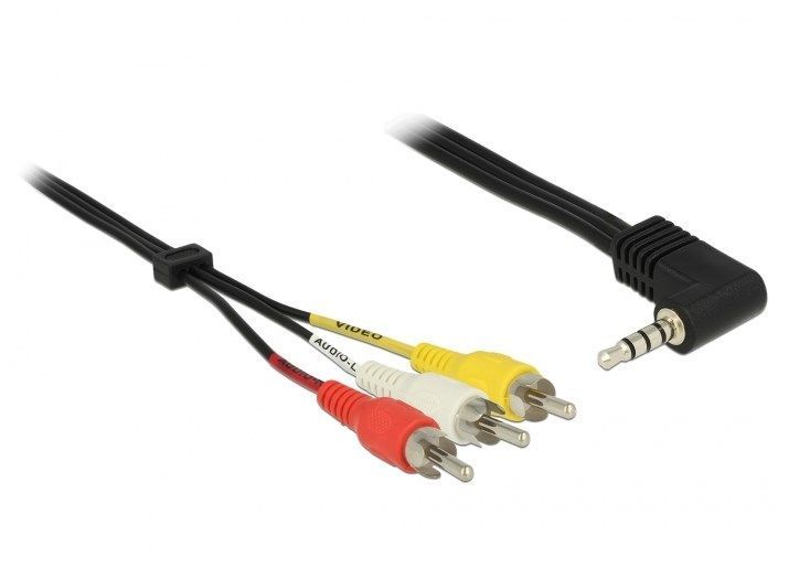 Кабель аудіо-адаптер Jack 3.5mm 4pin-RCAx3 M/M 1.5m Delock (70.08.4724) AV (R-L-V-Gnd) 90&deg;кутовий Nickel