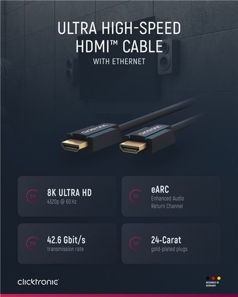 Кабель монітора-сигнальний HDMI M/M 2.0m ClickTronic (75.04.0990) v2.1 8K@60Hz UHD HDR Casual OFC 75.04.0990 фото