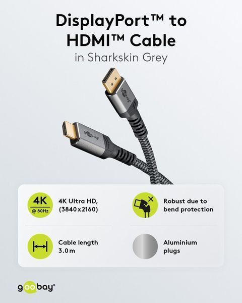 Кабель монітора-сигнальний DisplayPort-HDMI M/M (HDMIекран) 3.0m Goobay (75.06.5270) 4K@60Hz D=6.0mm Textile Plus 75.06.5270 фото