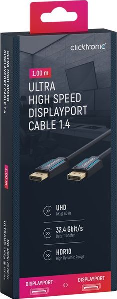 Кабель монітора-сигнальний DisplayPort M/M 1.0m ClickTronic (75.04.0992) v1.4 8K@60Hz 19pin D=7.3mm OFCu 75.04.0992 фото