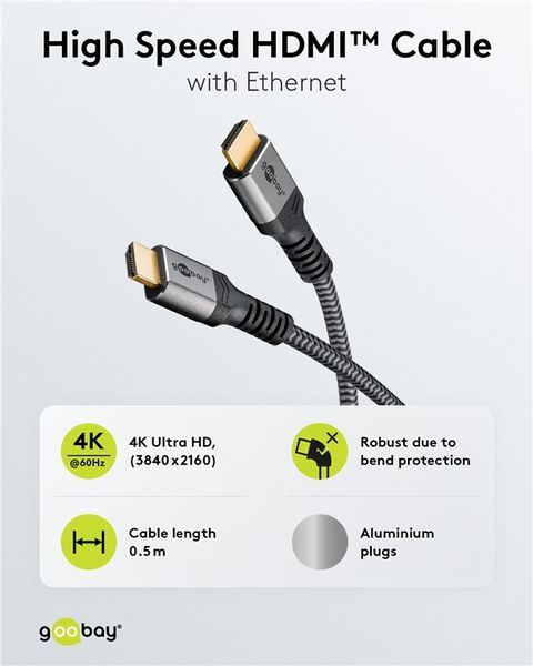 Кабель монітора-сигнальний HDMI M/M 0.5m Goobay (75.06.4992) v2.0 4K@60Hz D=5.5mm 3xS Textile 75.06.4992 фото