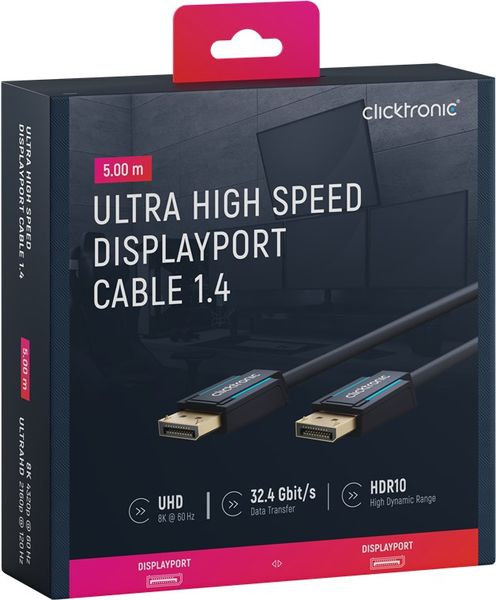 Кабель монітора-сигнальний DisplayPort M/M 5.0m ClickTronic (75.04.0996) v1.4 8K@60Hz 19pin D=7.3mm OFCu 75.04.0996 фото