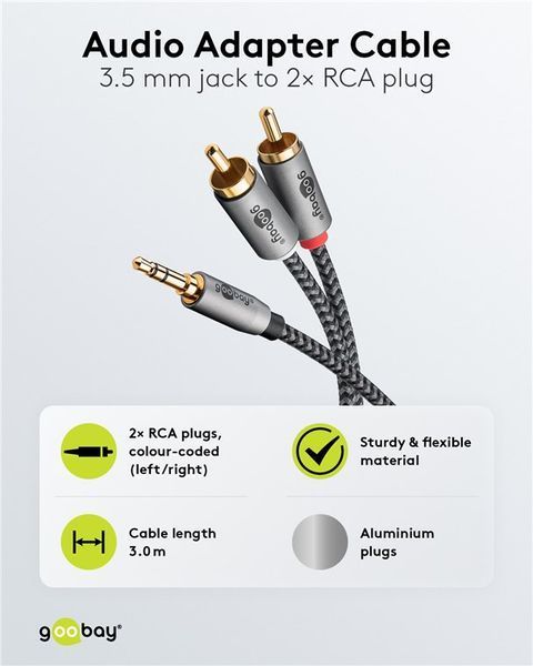 Кабель аудіо-сигнальний Jack 3.5mm 3pin-RCAx2 M/M 3.0m Goobay (75.06.5289) Slim Shielded Plus Textile Cu 75.06.5289 фото