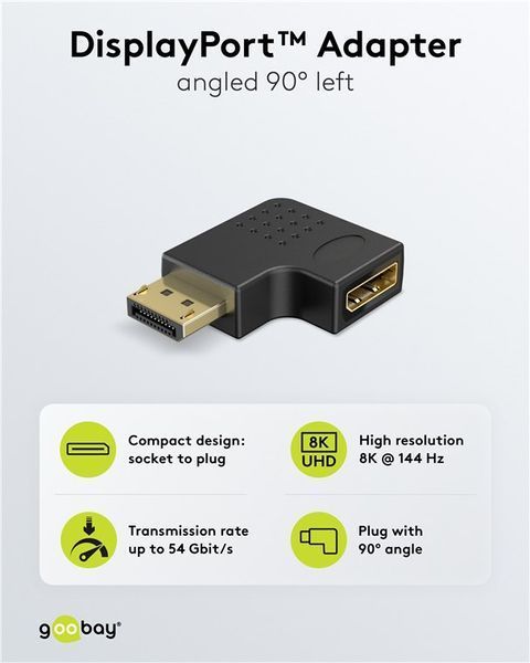 Перехідник відео DisplayPort M/F (адаптер) Goobay (75.07.7132) v2.1 8K@144Hz кутовий 90&deg; вліво 75.07.7132 фото