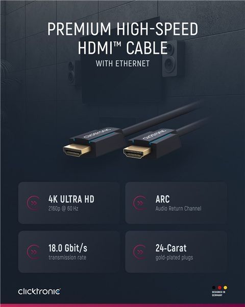 Кабель монітора-сигнальний HDMI M/M 3.0m ClickTronic (75.07.0304) v2.0 4K@60Hz D=6.0mm Casual Cu 75.07.0304 фото