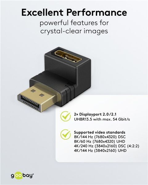 Перехідник відео DisplayPort M/F (адаптер) Goobay (75.07.7130) v2.1 8K@144Hz кутовий 90&deg; вниз 75.07.7130 фото