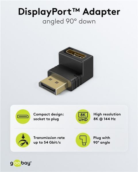Перехідник відео DisplayPort M/F (адаптер) Goobay (75.07.7130) v2.1 8K@144Hz кутовий 90&deg; вниз 75.07.7130 фото