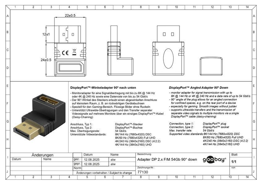 Перехідник відео DisplayPort M/F (адаптер) Goobay (75.07.7130) v2.1 8K@144Hz кутовий 90&deg; вниз 75.07.7130 фото